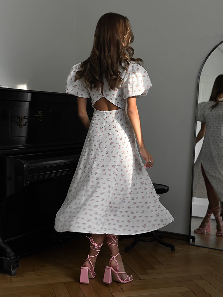 Women's White Floral Puff Sleeve Midi Dress with High Neck & A-Line Skirt - Image 6